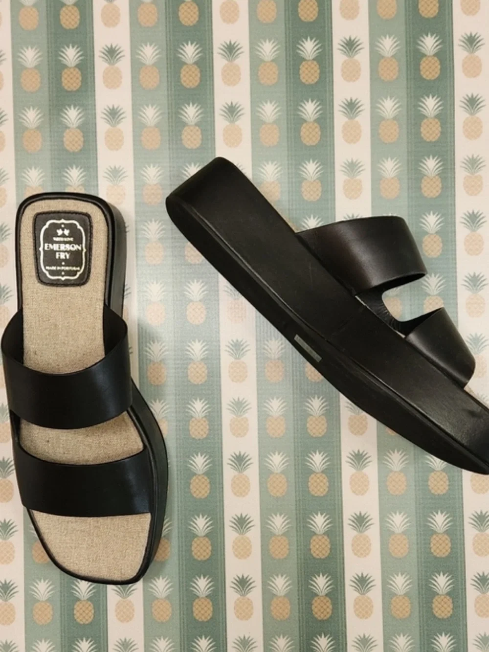 Emerson Fry Black Leather Platform Slides Size 9